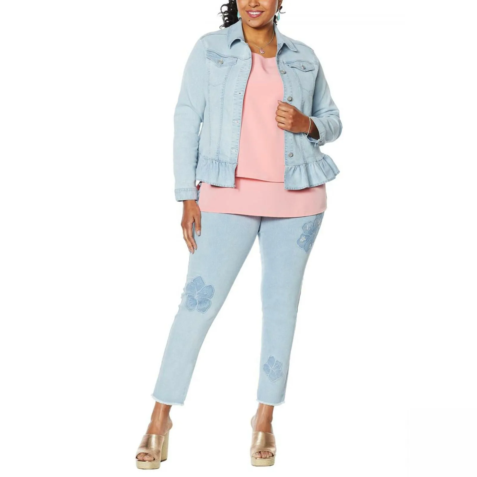DG2 by Diane Gilman Women's Ruffled Hem Classic Stretch Denim Jacket