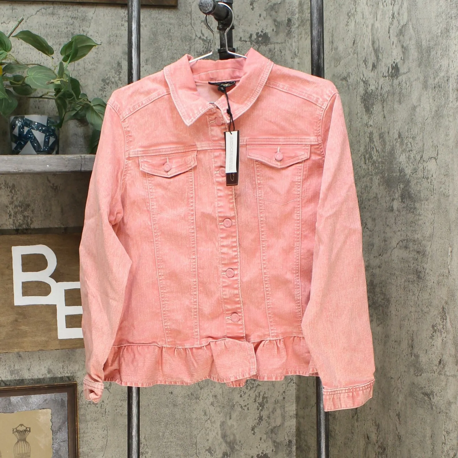 DG2 by Diane Gilman Women's Ruffled Hem Classic Stretch Denim Jacket