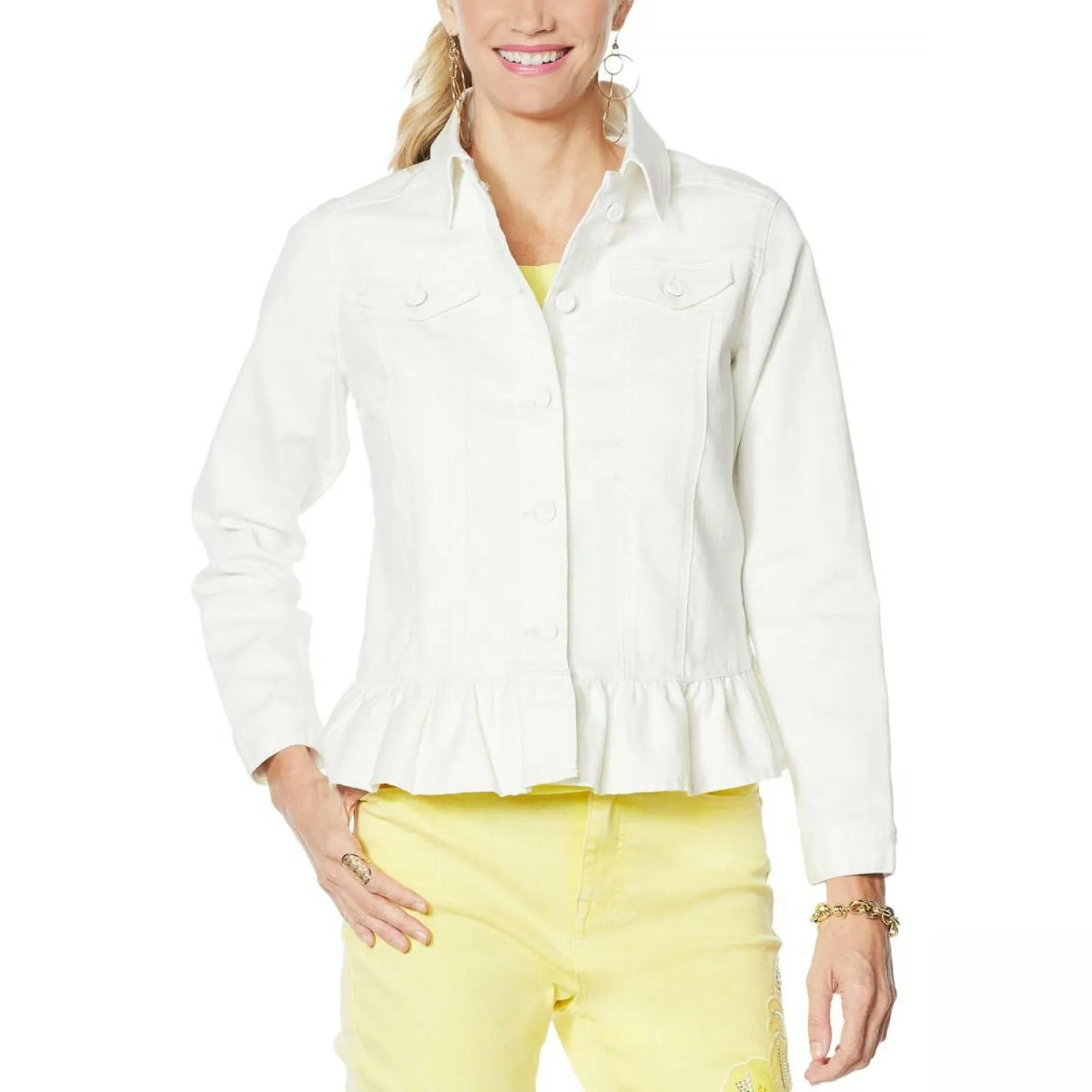 DG2 by Diane Gilman Women's Ruffled Hem Classic Stretch Denim Jacket