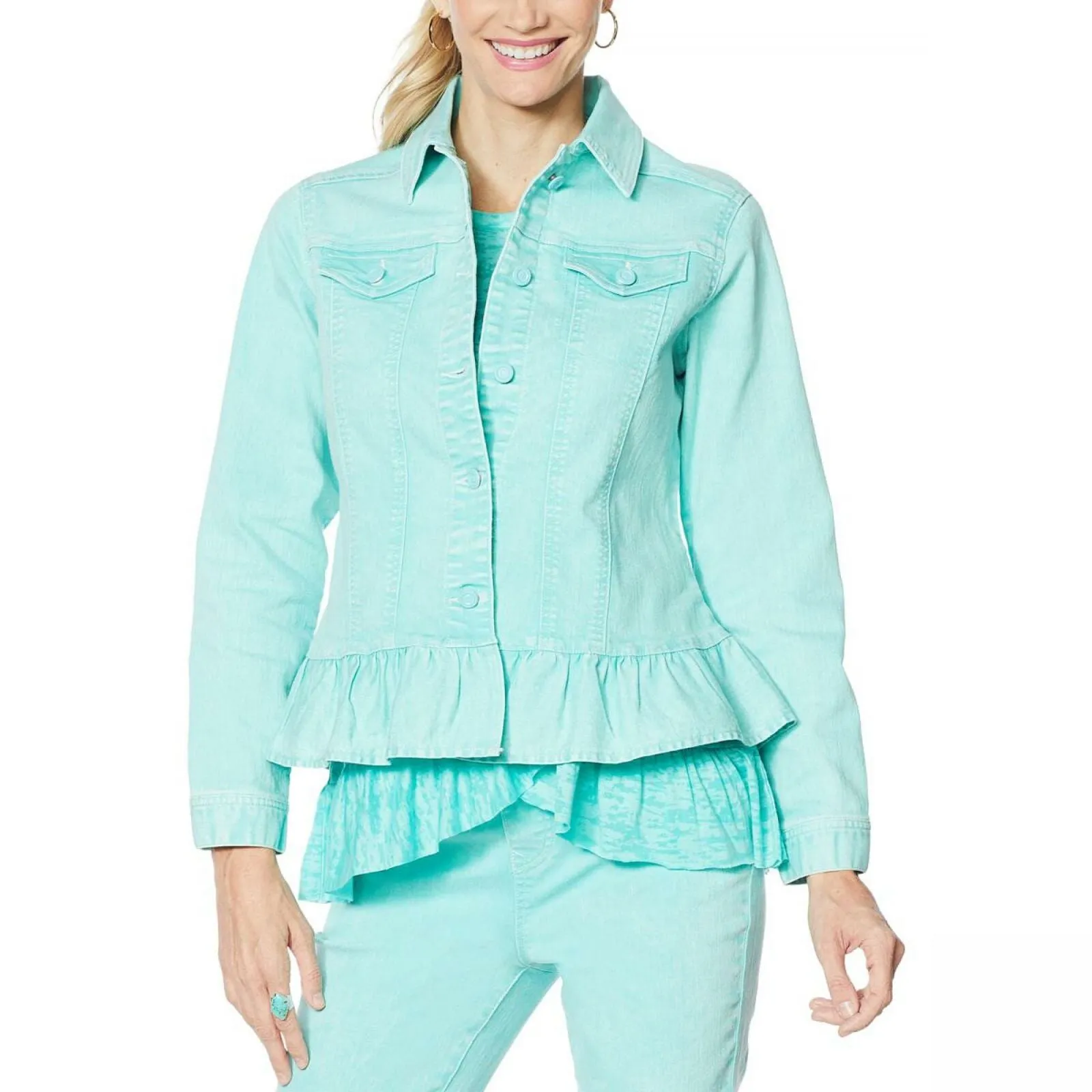DG2 by Diane Gilman Women's Ruffled Hem Classic Stretch Denim Jacket