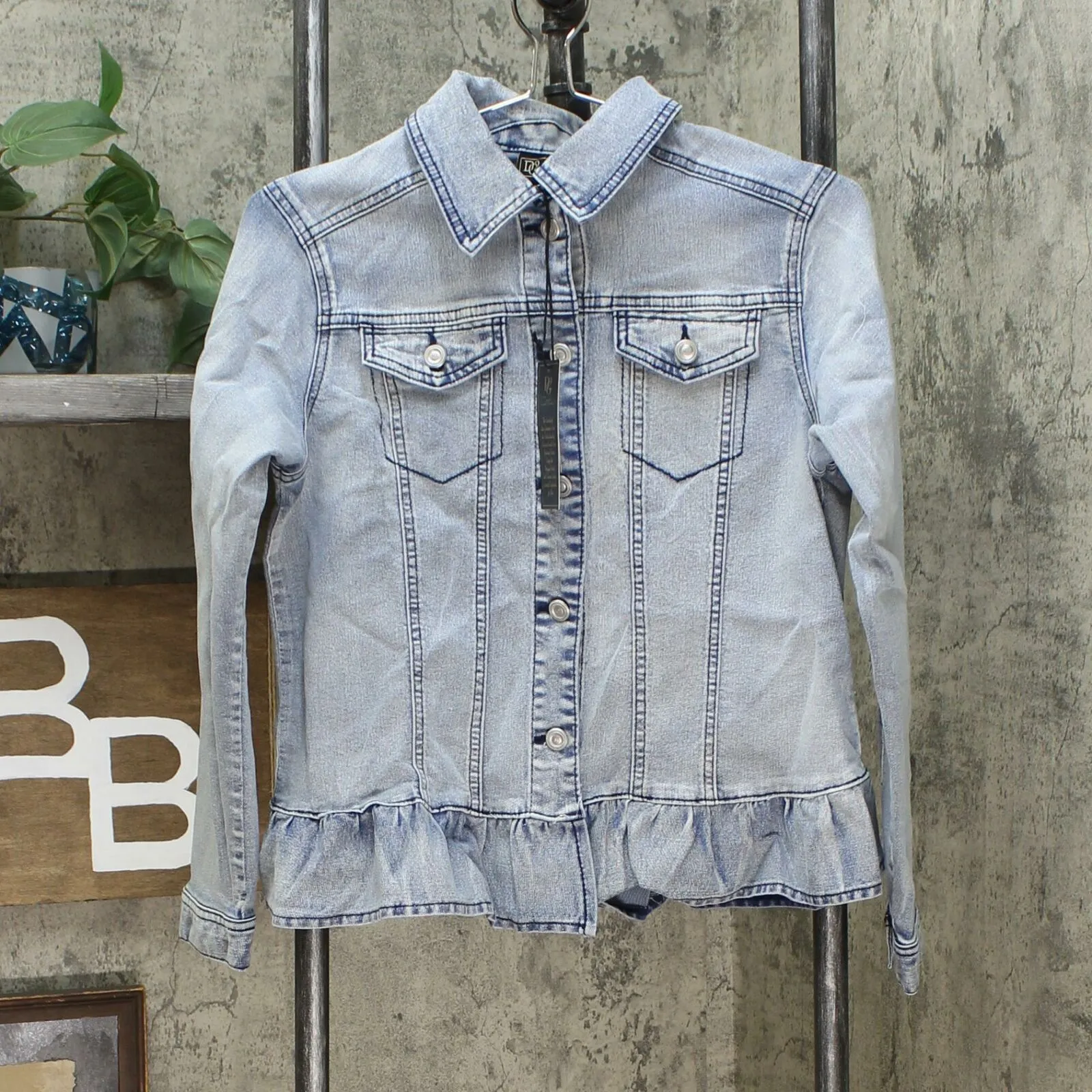 DG2 by Diane Gilman Women's Ruffled Hem Classic Stretch Denim Jacket