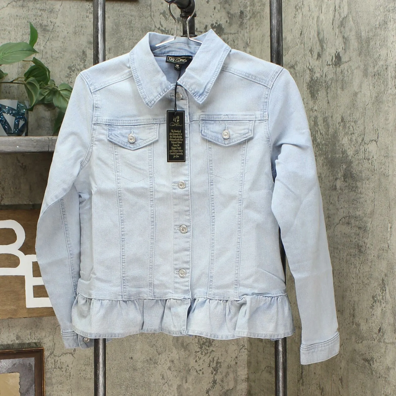 DG2 by Diane Gilman Women's Ruffled Hem Classic Stretch Denim Jacket