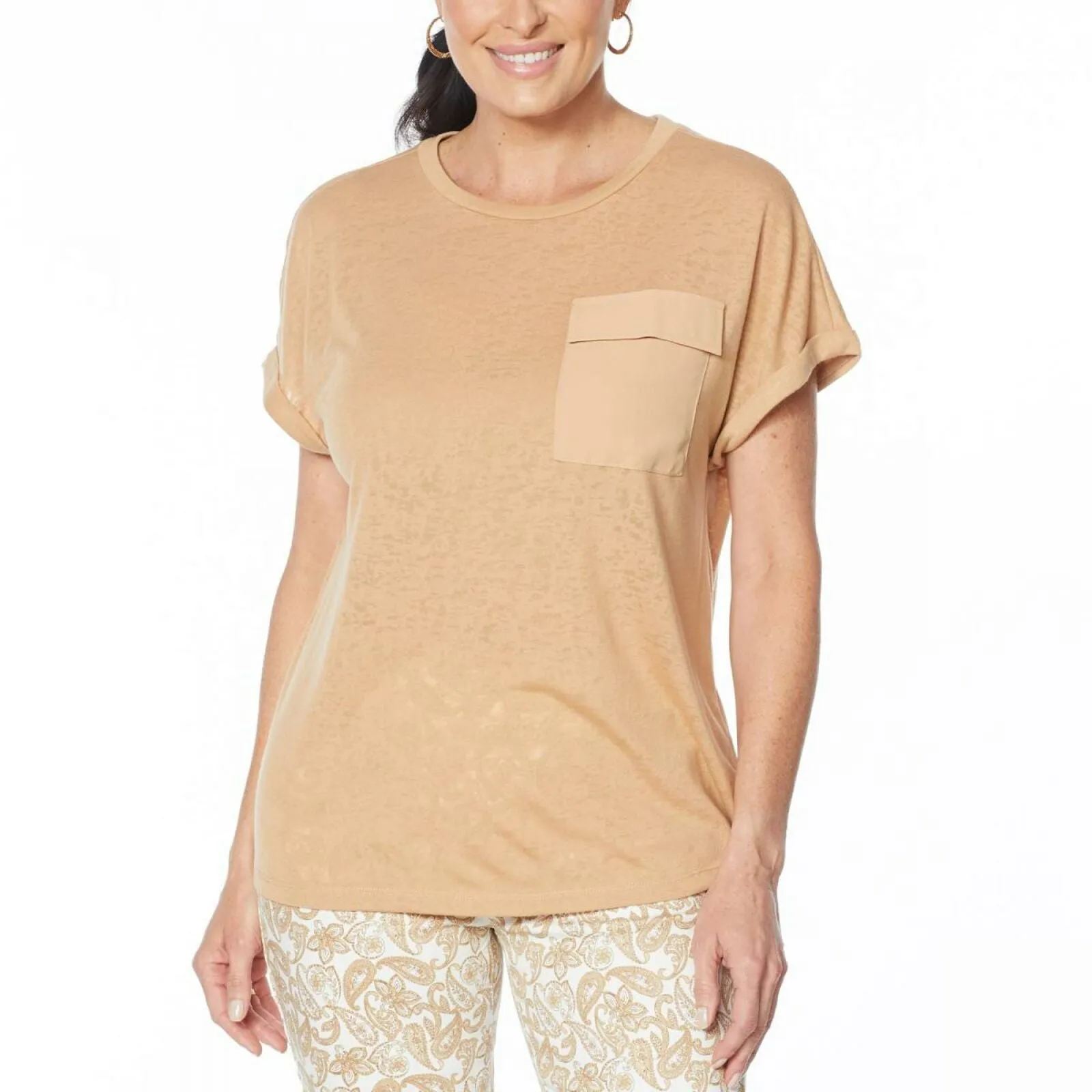 DG2 by Diane Gilman Women's Slub Burnout Pocket T-Shirt Khaki Plus 1X