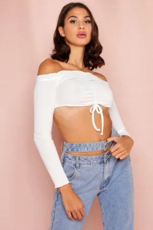 Drawstring Hem Off Shoulder White Crop Top