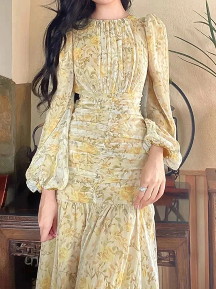 DressBetty - 2024 Elegant Floral Print Lace Long Sleeve Floral Dress