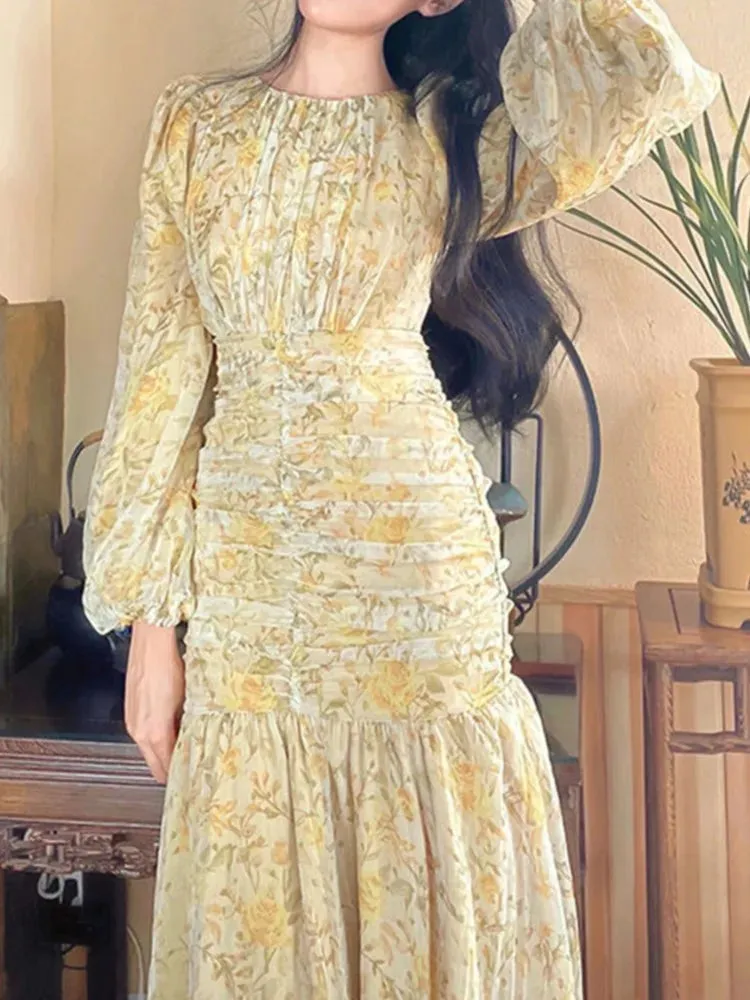 DressBetty - 2024 Elegant Floral Print Lace Long Sleeve Floral Dress