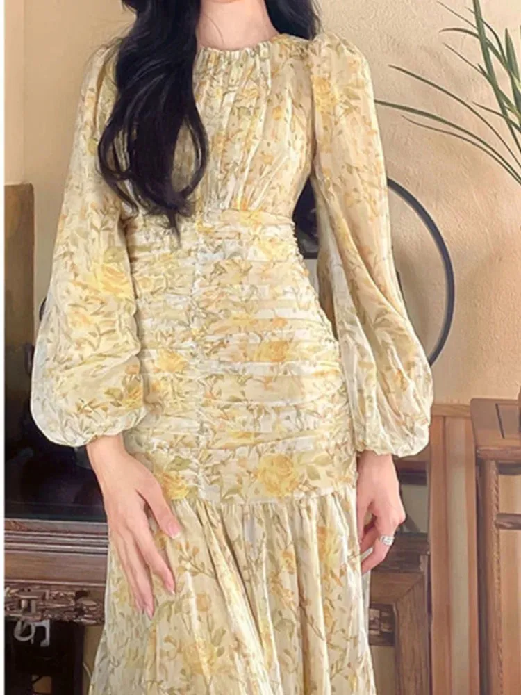 DressBetty - 2024 Elegant Floral Print Lace Long Sleeve Floral Dress
