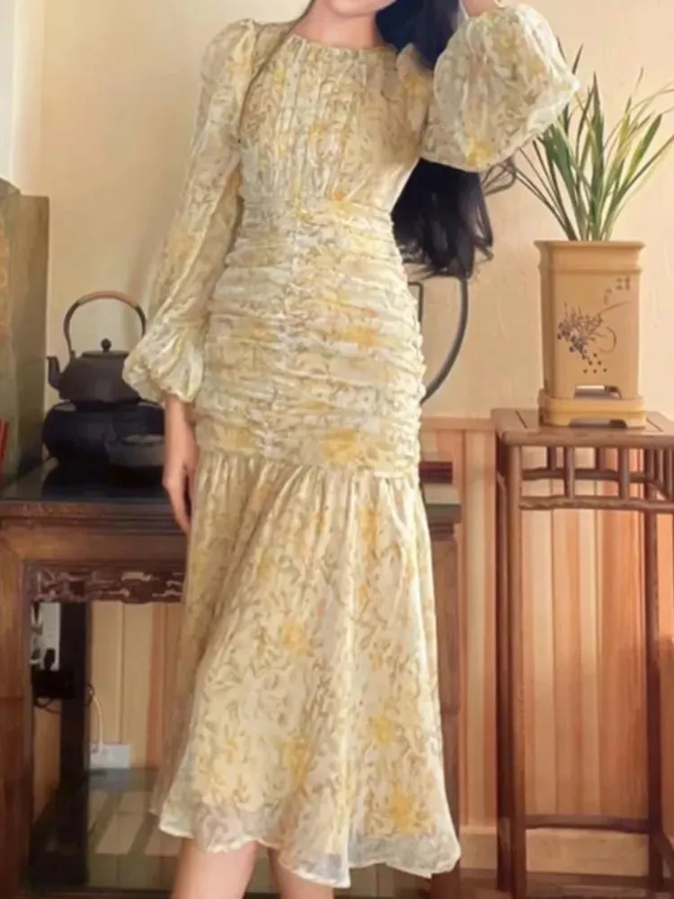 DressBetty - 2024 Elegant Floral Print Lace Long Sleeve Floral Dress