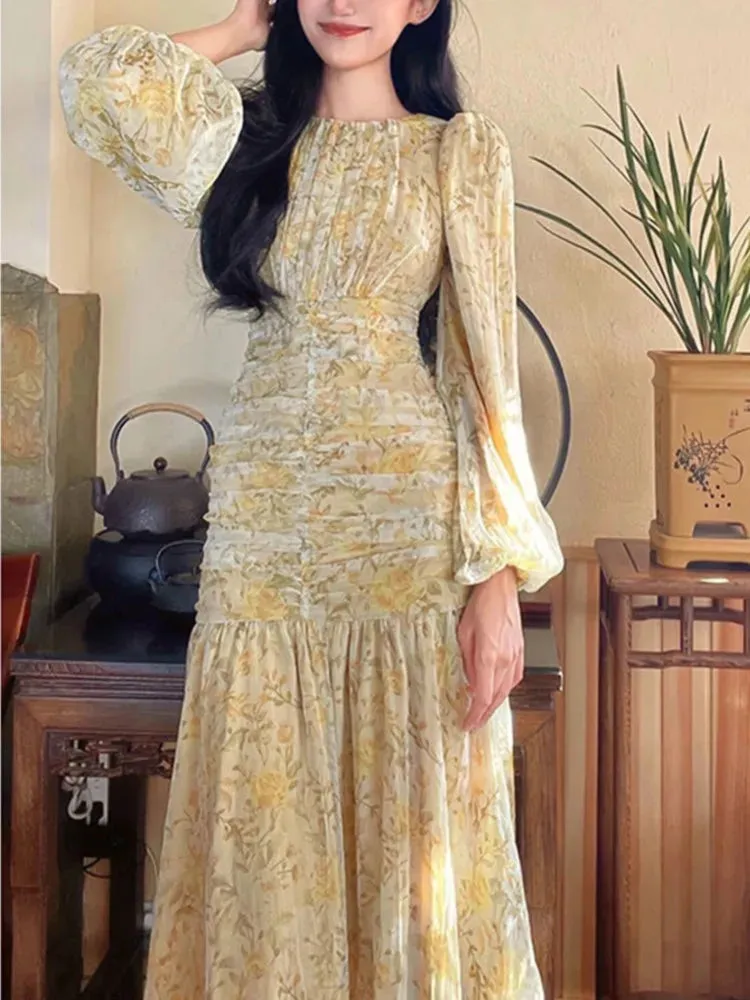 DressBetty - 2024 Elegant Floral Print Lace Long Sleeve Floral Dress