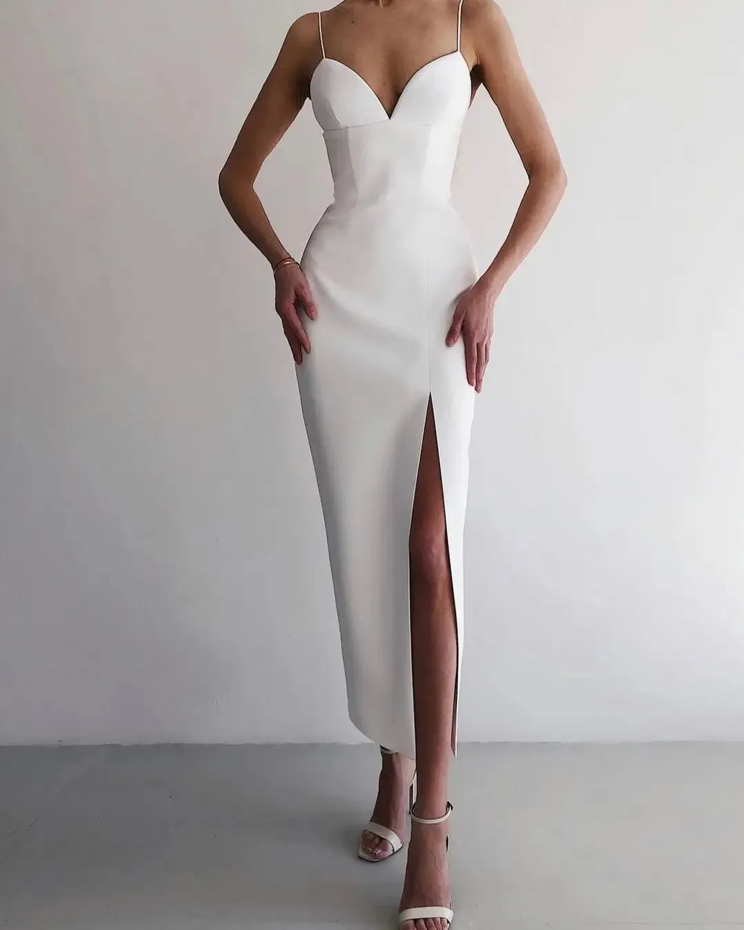 DressBetty - 2024 Elegant High Slit Bodycon Spaghetti Straps Corset Midi Dress