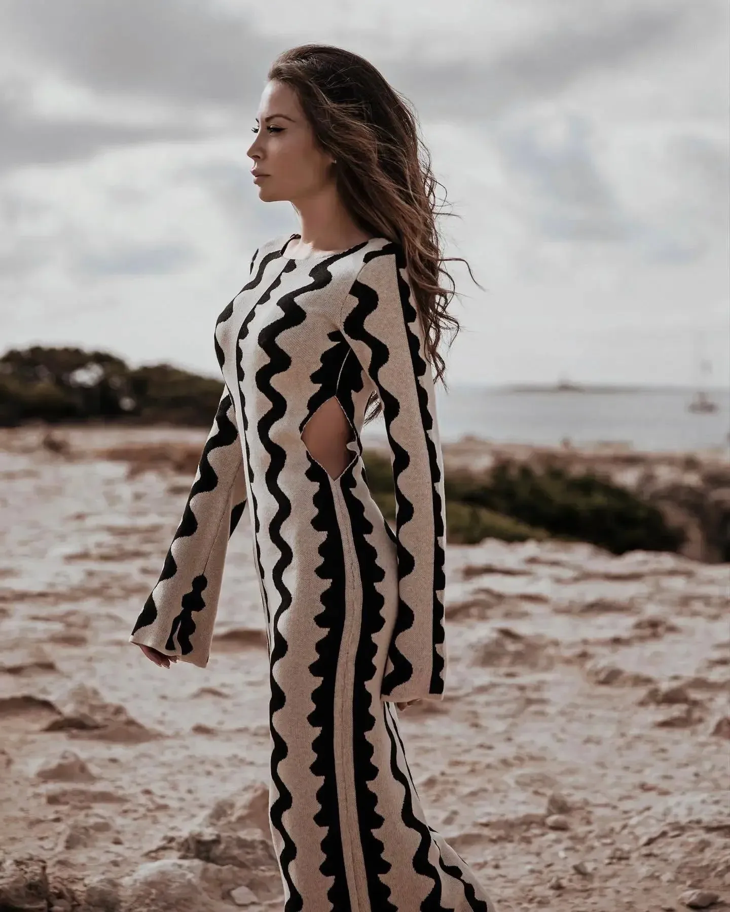 DressBetty - 2024 Elegant Wave Striped O-neck Maxi Knitted Bodycon Dress