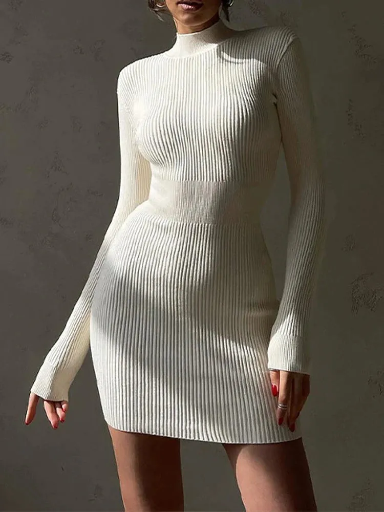 DressBetty - 2024 Knitted White Turtleneck Elegant Fashion Midi Bodycon Dress