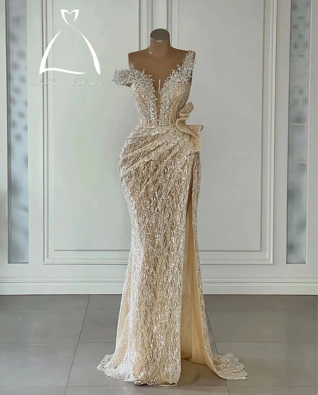 Dresses Sleeveless Beaded Appliques Sequins Pearls Floor Length Side