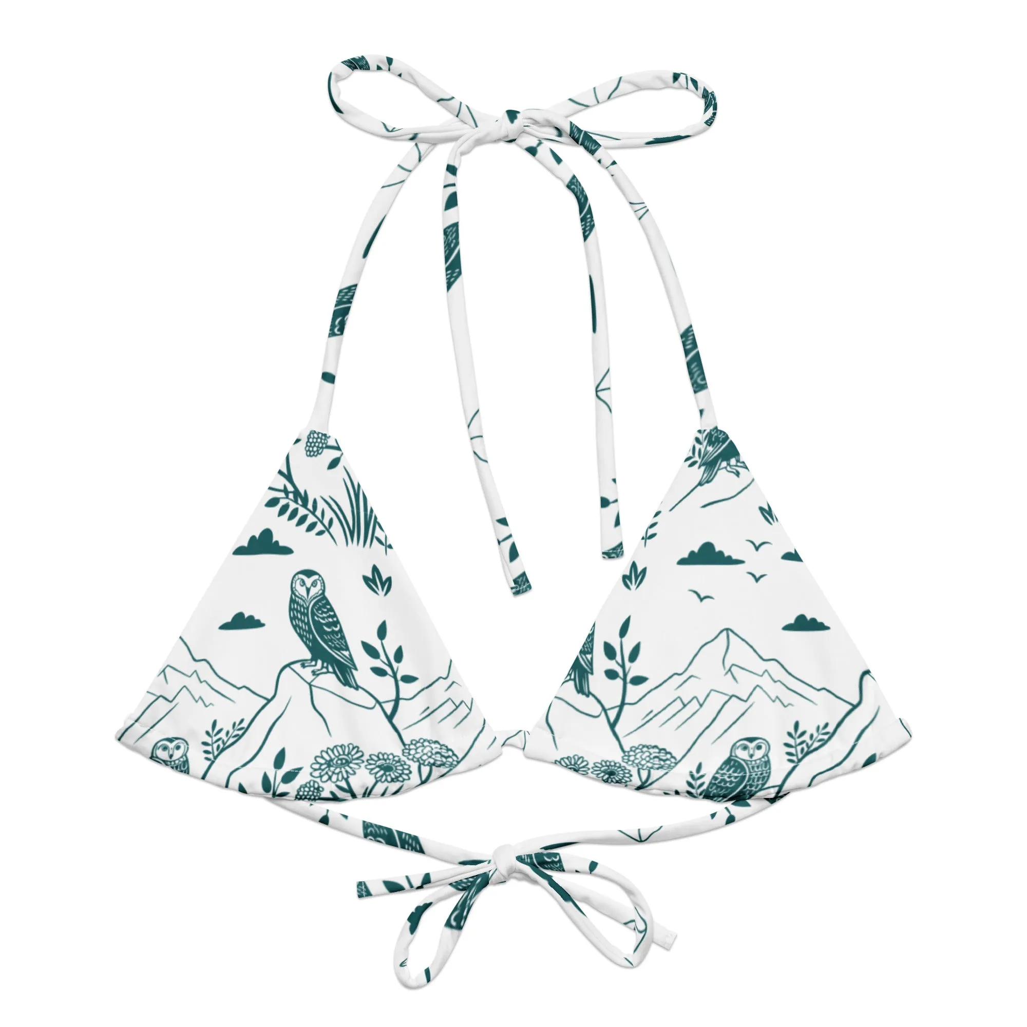 Eco Owl Vibes All-Over Print Recycled String Bikini Top – Bold & Sustainable Swimwear