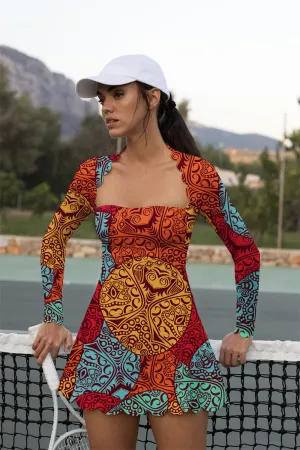 Elyza Long-Sleeve Tennis Dress – Built-in Shorts, Tribal Colorblock Print, Sweetheart Neckline