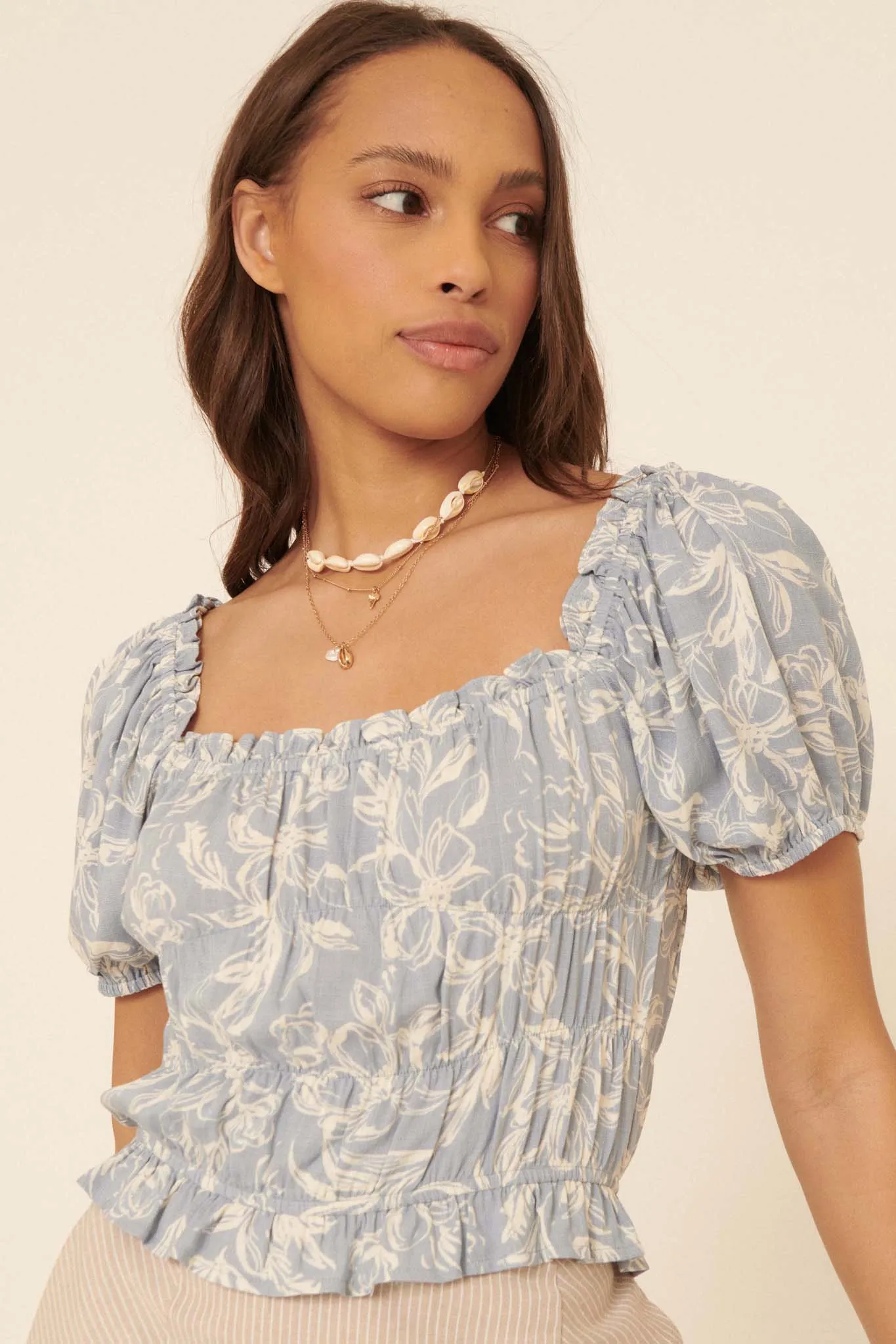 Endless Beauty Floral Puff-Sleeve Peasant Top
