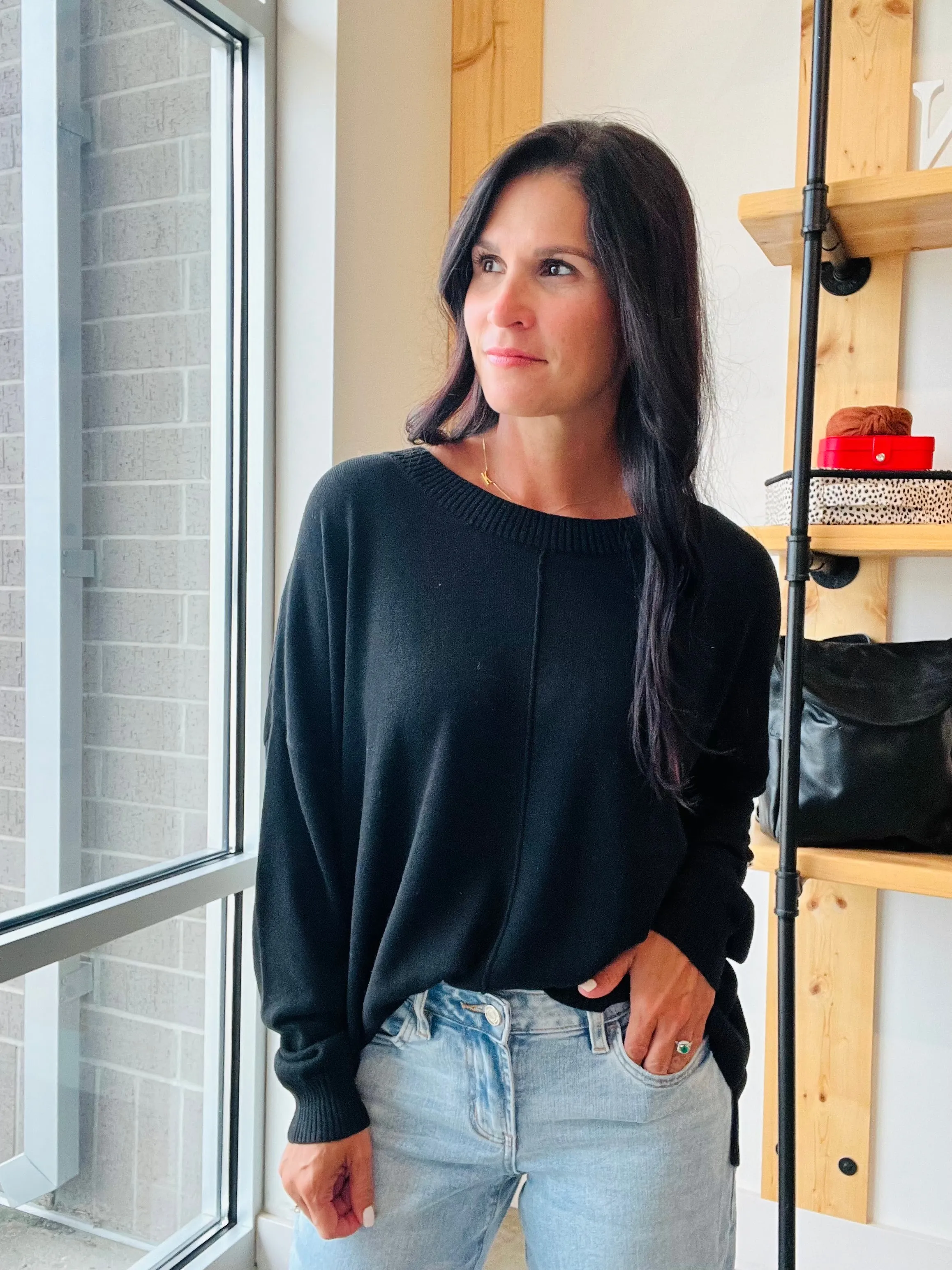 Extended Shoulder Sweater in Black