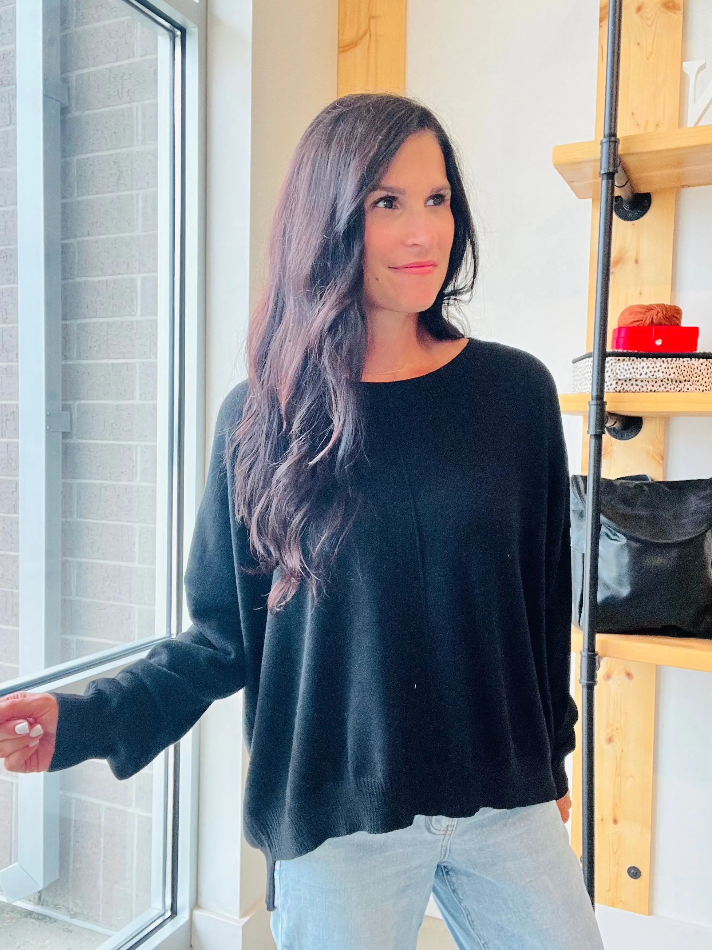 Extended Shoulder Sweater in Black