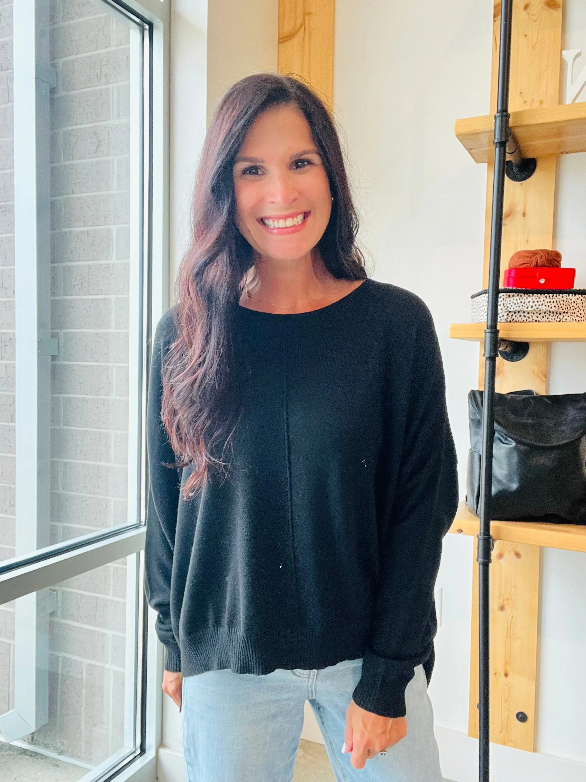 Extended Shoulder Sweater in Black