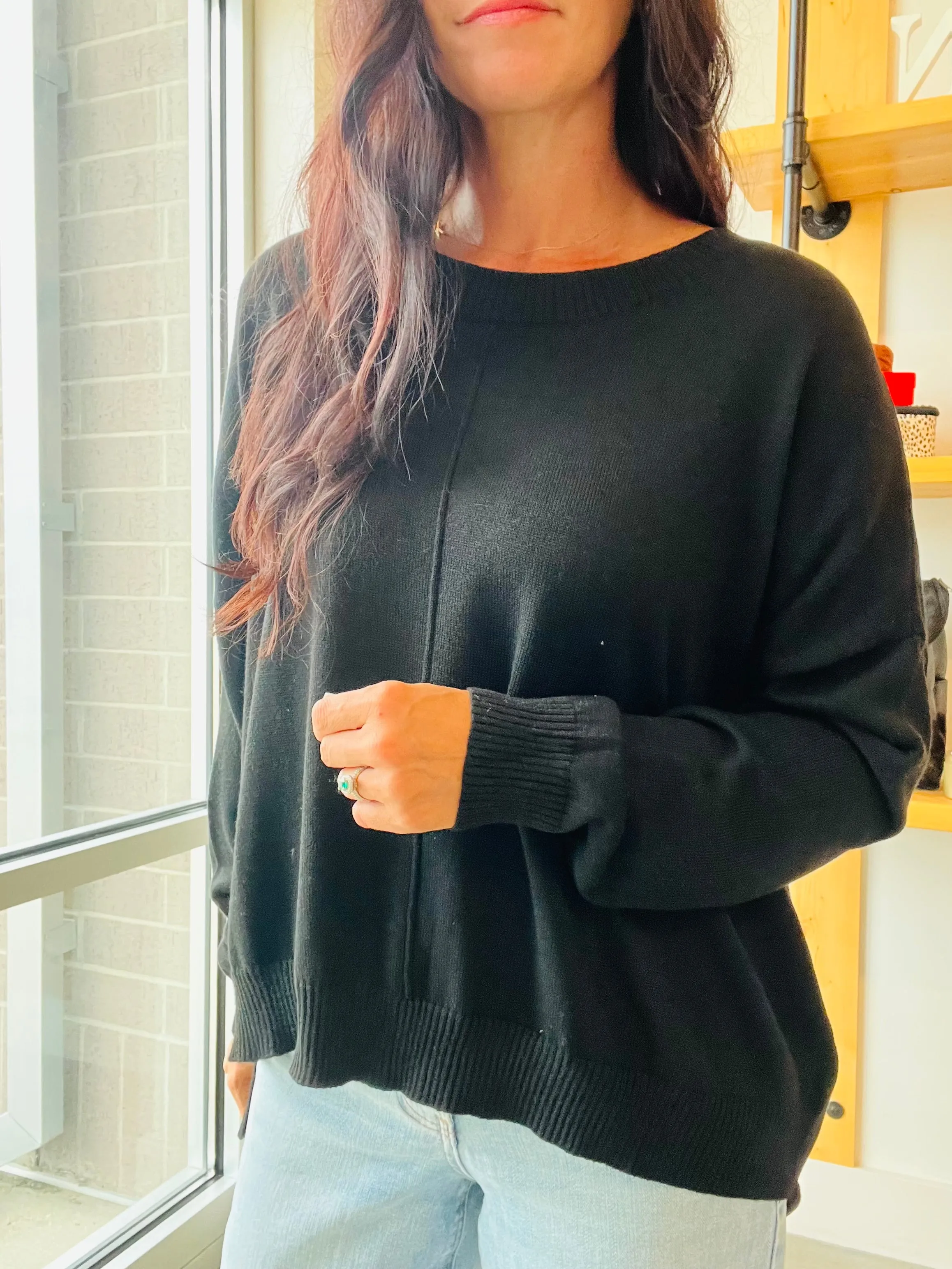 Extended Shoulder Sweater in Black