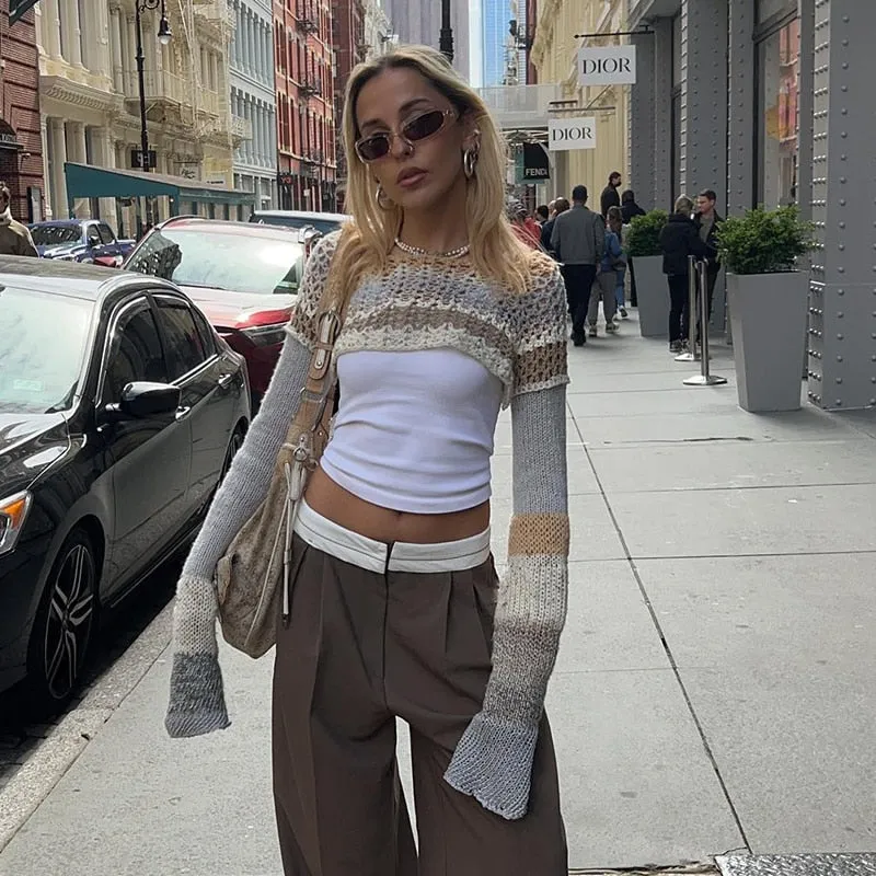 Fashionkova  2022 Summer Y2K Hollow Out Crochet Long Sleeve Smock Top Streetwear Women Knitted Sun Protection Cardigans Tee Outfits