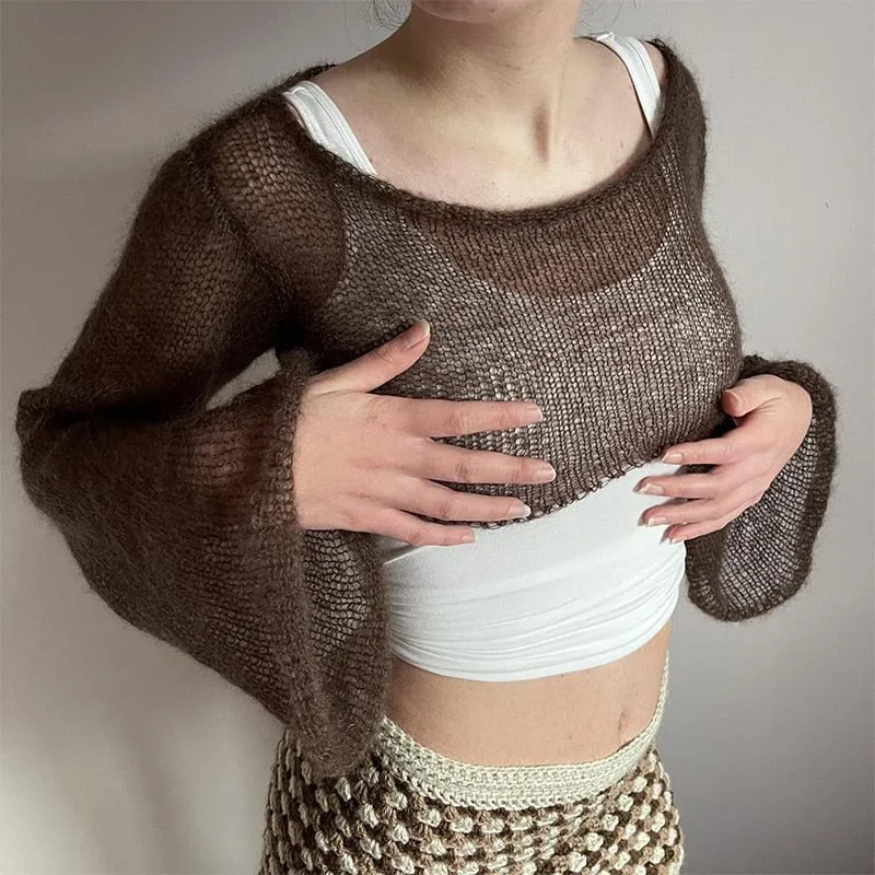 Fashionkova  2022 Summer Y2K Hollow Out Crochet Long Sleeve Smock Top Streetwear Women Knitted Sun Protection Cardigans Tee Outfits