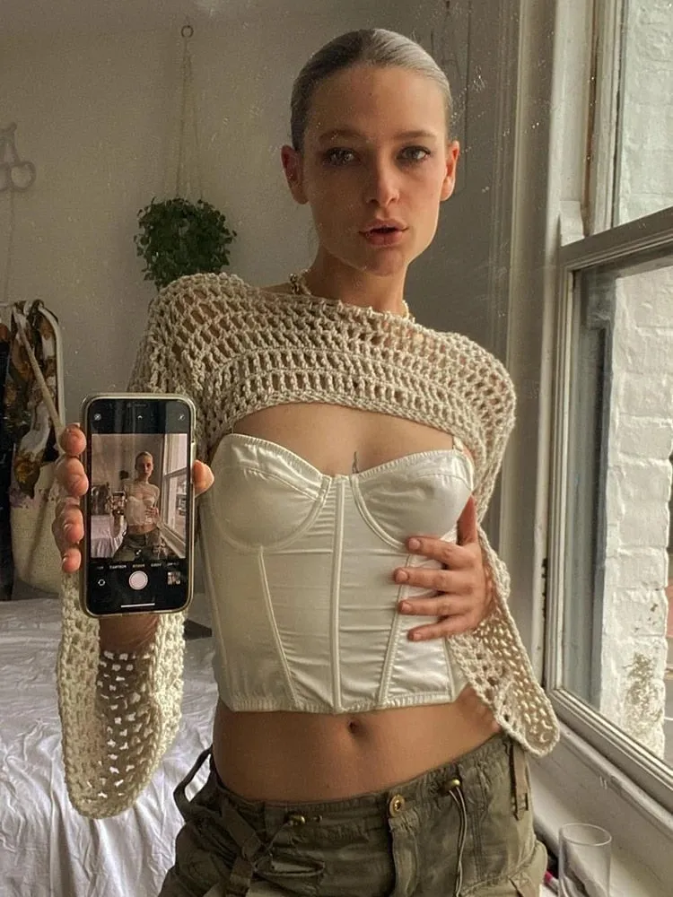 Fashionkova  2022 Summer Y2K Hollow Out Crochet Long Sleeve Smock Top Streetwear Women Knitted Sun Protection Cardigans Tee Outfits