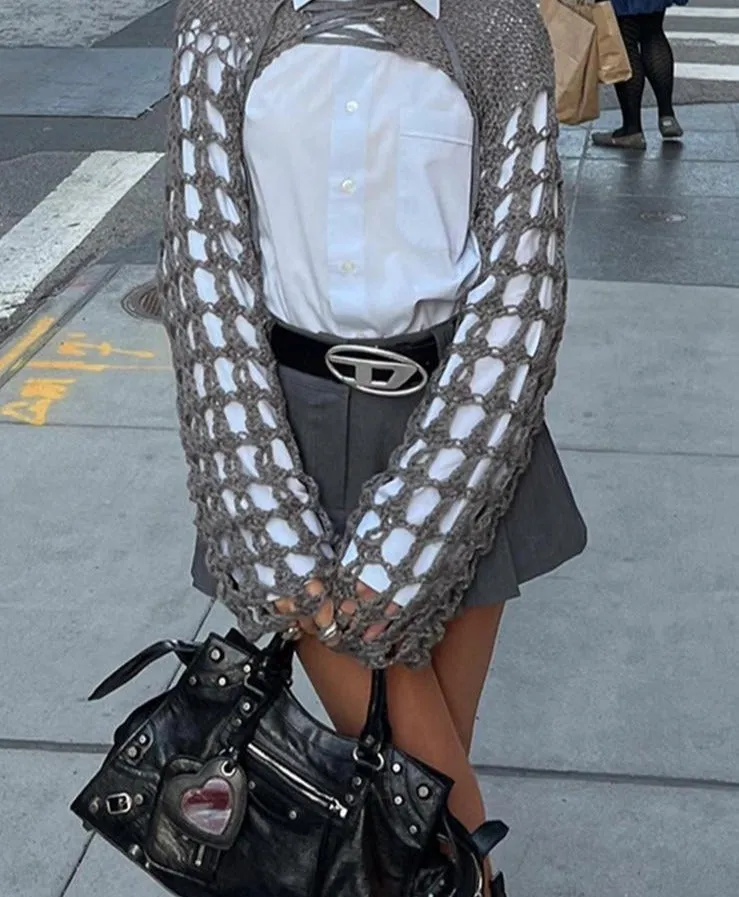 Fashionkova  2022 Summer Y2K Hollow Out Crochet Long Sleeve Smock Top Streetwear Women Knitted Sun Protection Cardigans Tee Outfits