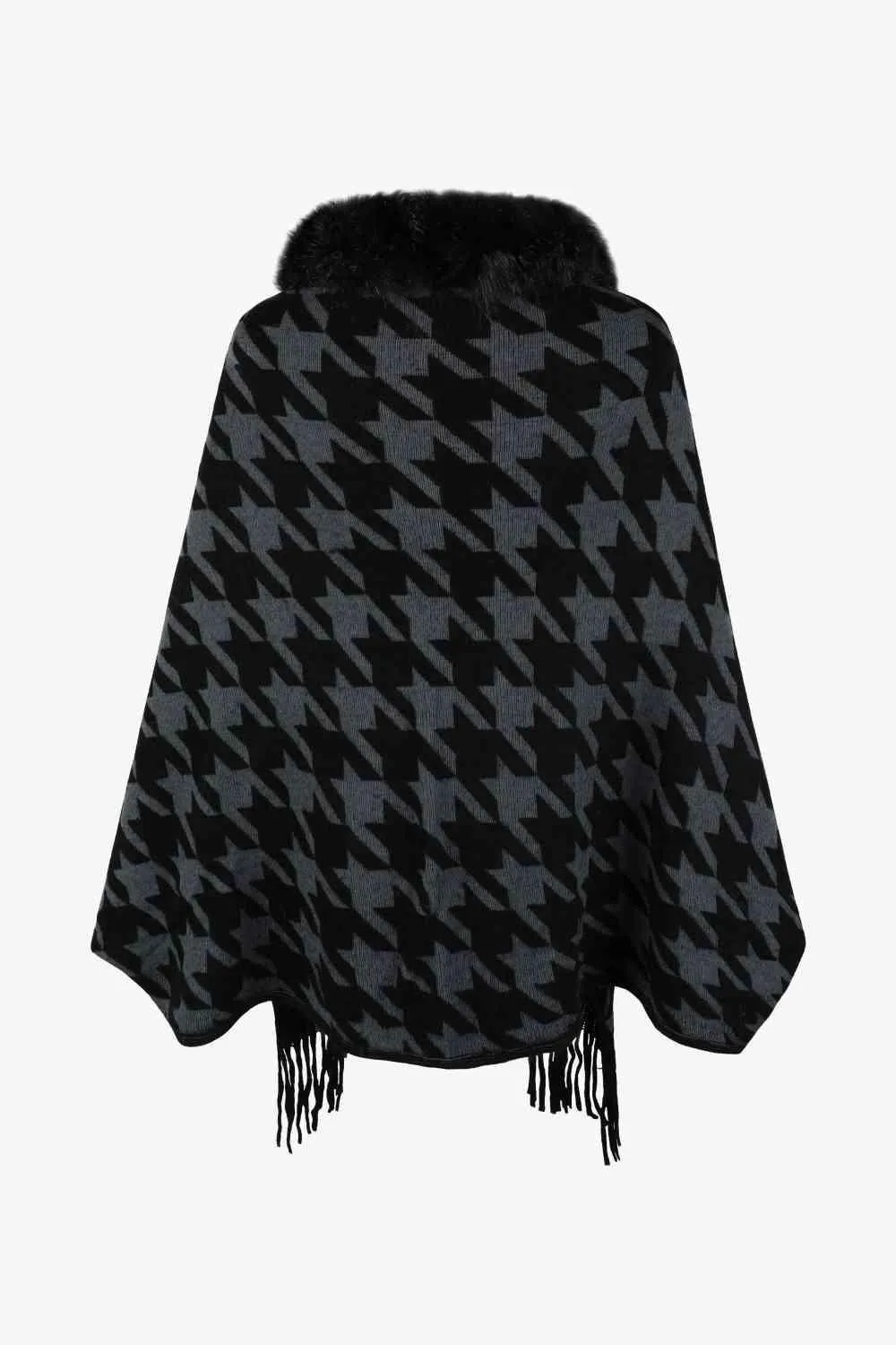 Faux Fur Trim Fringe Houndstooth Poncho