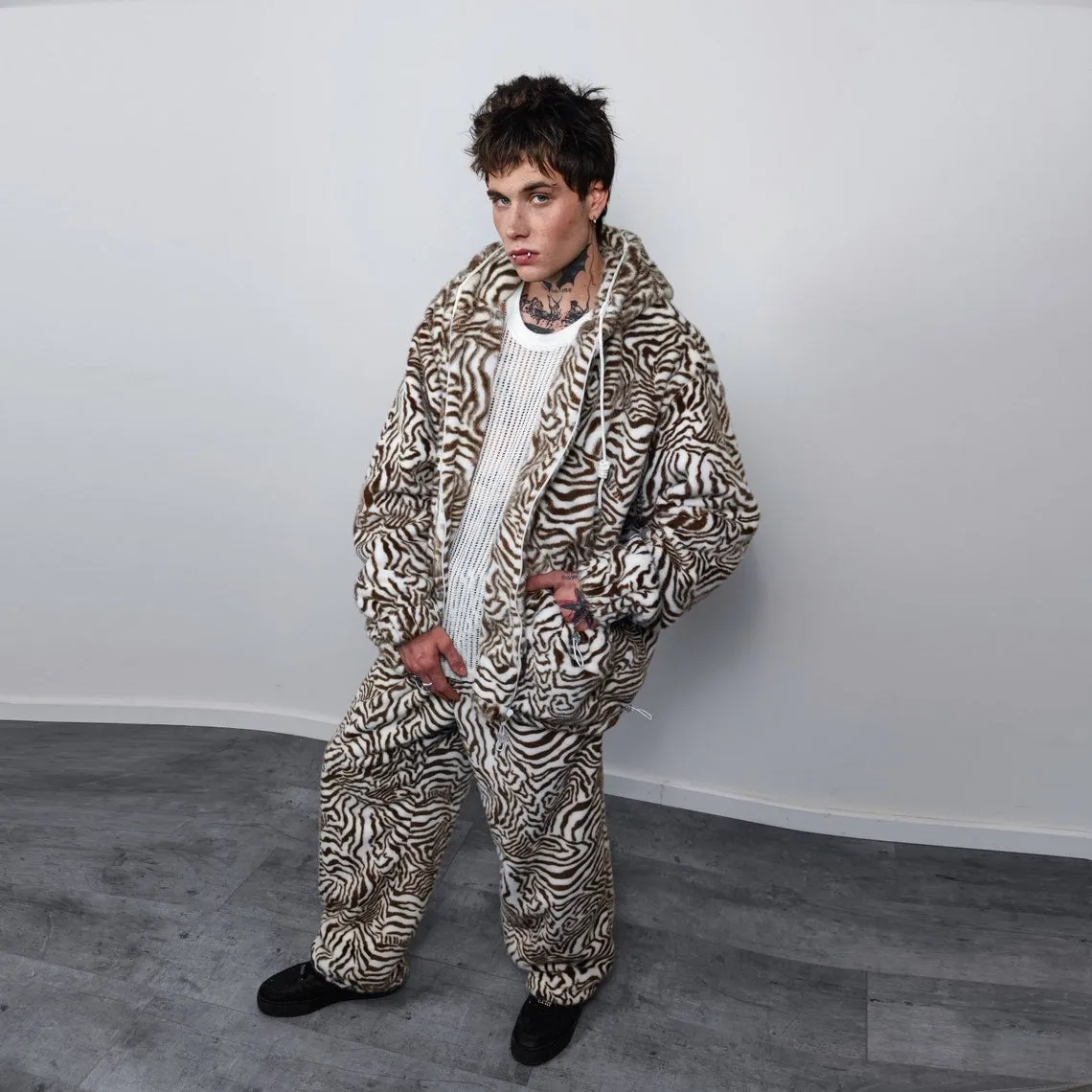 Faux fur zebra joggers animal print pants handmade stripe fleece raver trousers premium party overalls in zigzag festival pants brown white