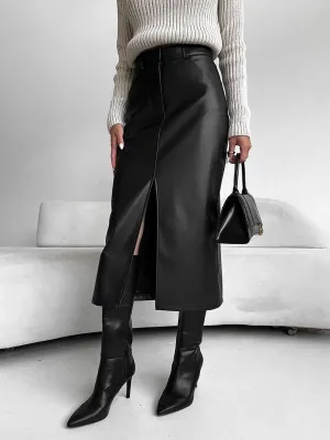Faux Leather Slit Midi Skirt