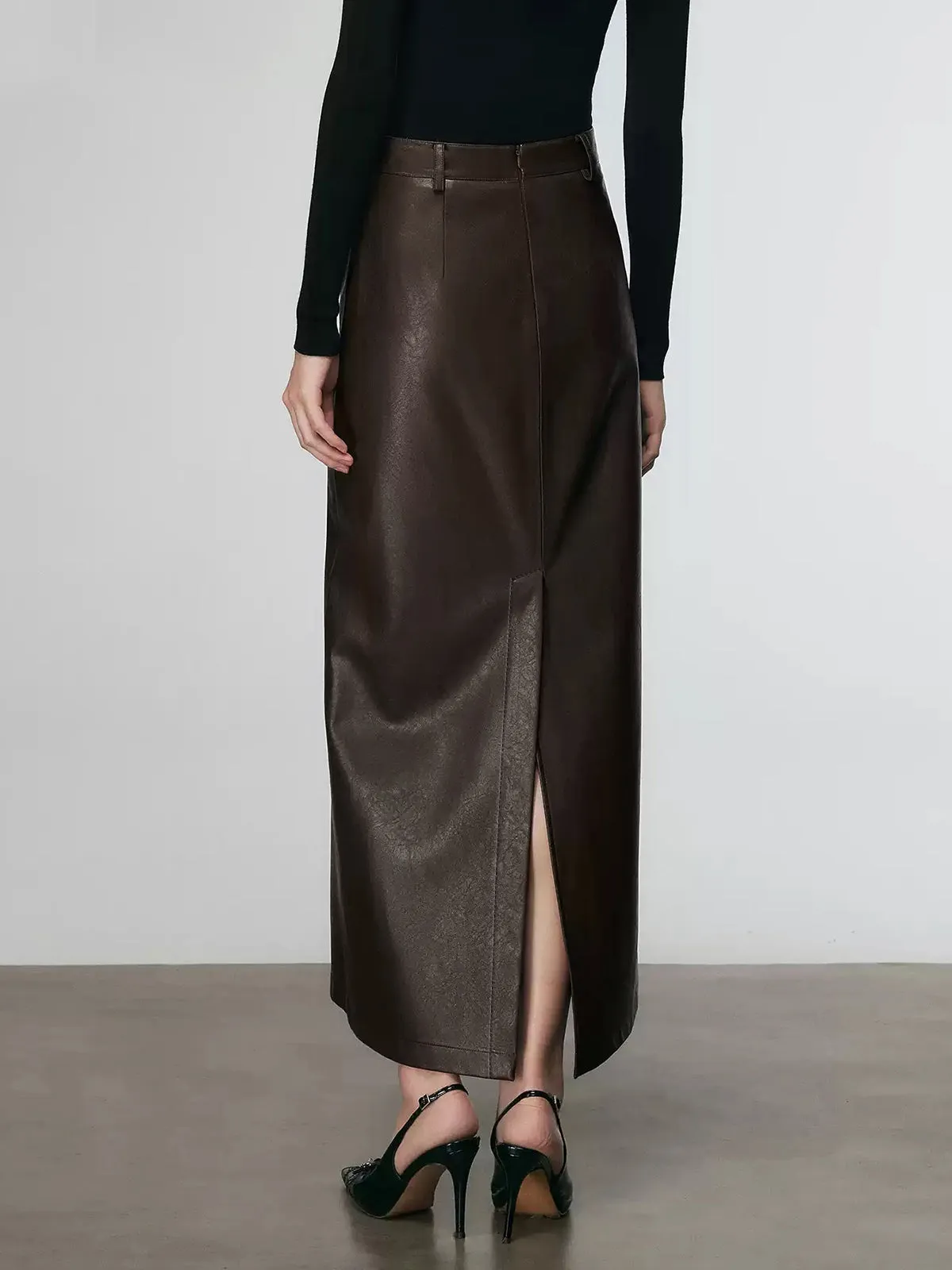 Faux Leather Split Midi Skirt