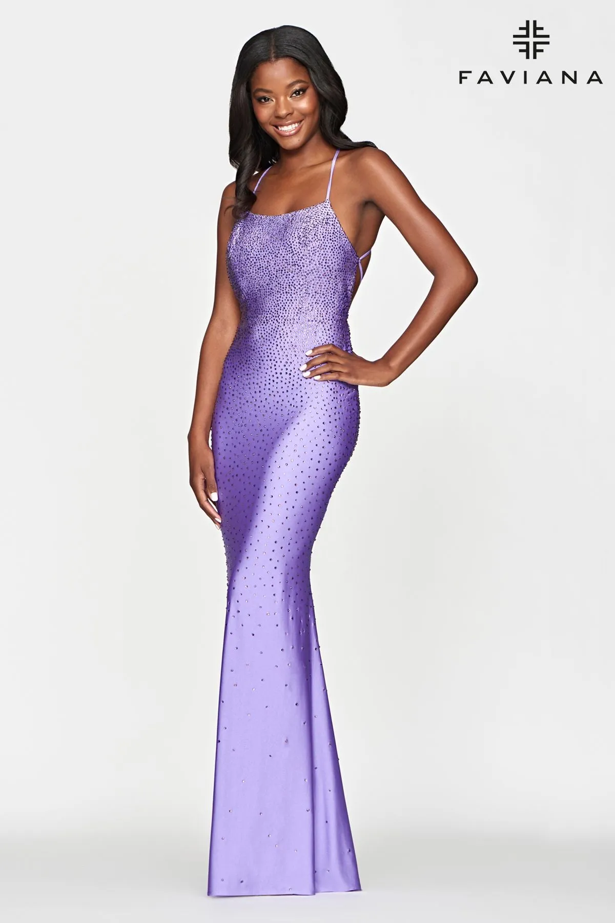 Faviana S10506 Scoop-Neck Hotstone Fit & Flare Gown With Lace-Up Back | Lilac, Royal, Hot Pink, Sunburst Orange