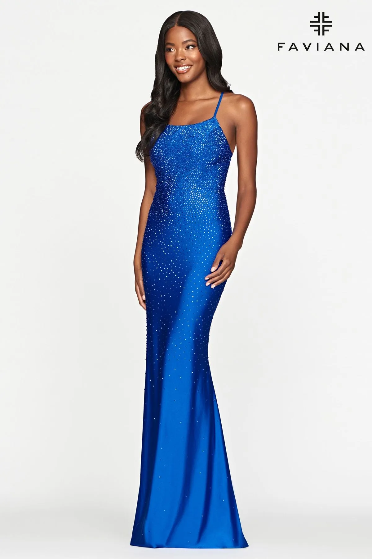 Faviana S10506 Scoop-Neck Hotstone Fit & Flare Gown With Lace-Up Back | Lilac, Royal, Hot Pink, Sunburst Orange