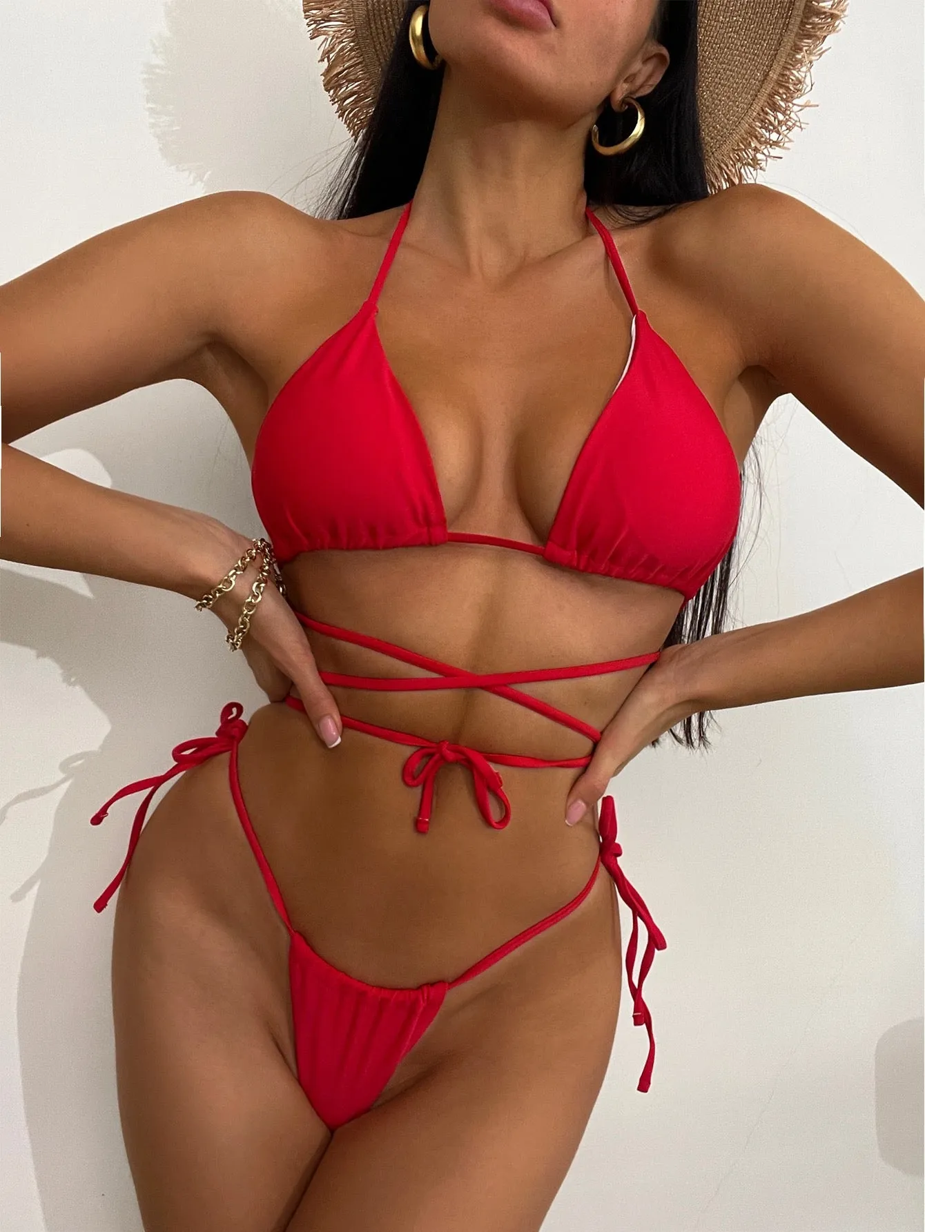 Fez Bold Red Strappy Bikini Set