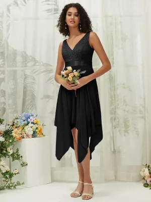 [Final Sale] Black Lace V-Neck Sleeveless Midi Length Chiffon Flowy Bridesmaid Dresses