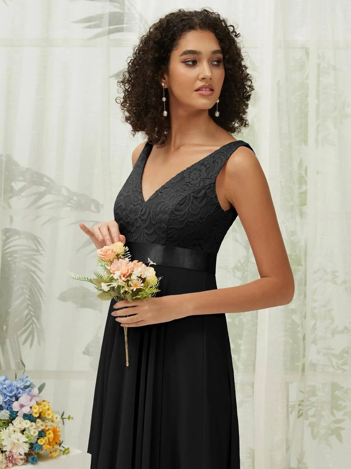 [Final Sale] Black Lace V-Neck Sleeveless Midi Length Chiffon Flowy Bridesmaid Dresses
