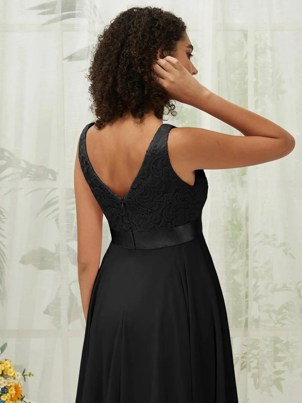 [Final Sale] Black Lace V-Neck Sleeveless Midi Length Chiffon Flowy Bridesmaid Dresses
