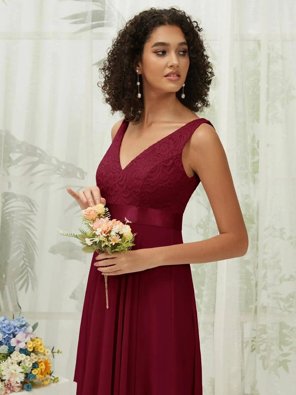 [Final Sale] Burgundy Lace V-Neck Sleeveless Midi Length Chiffon Flowy Bridesmaid Dresses