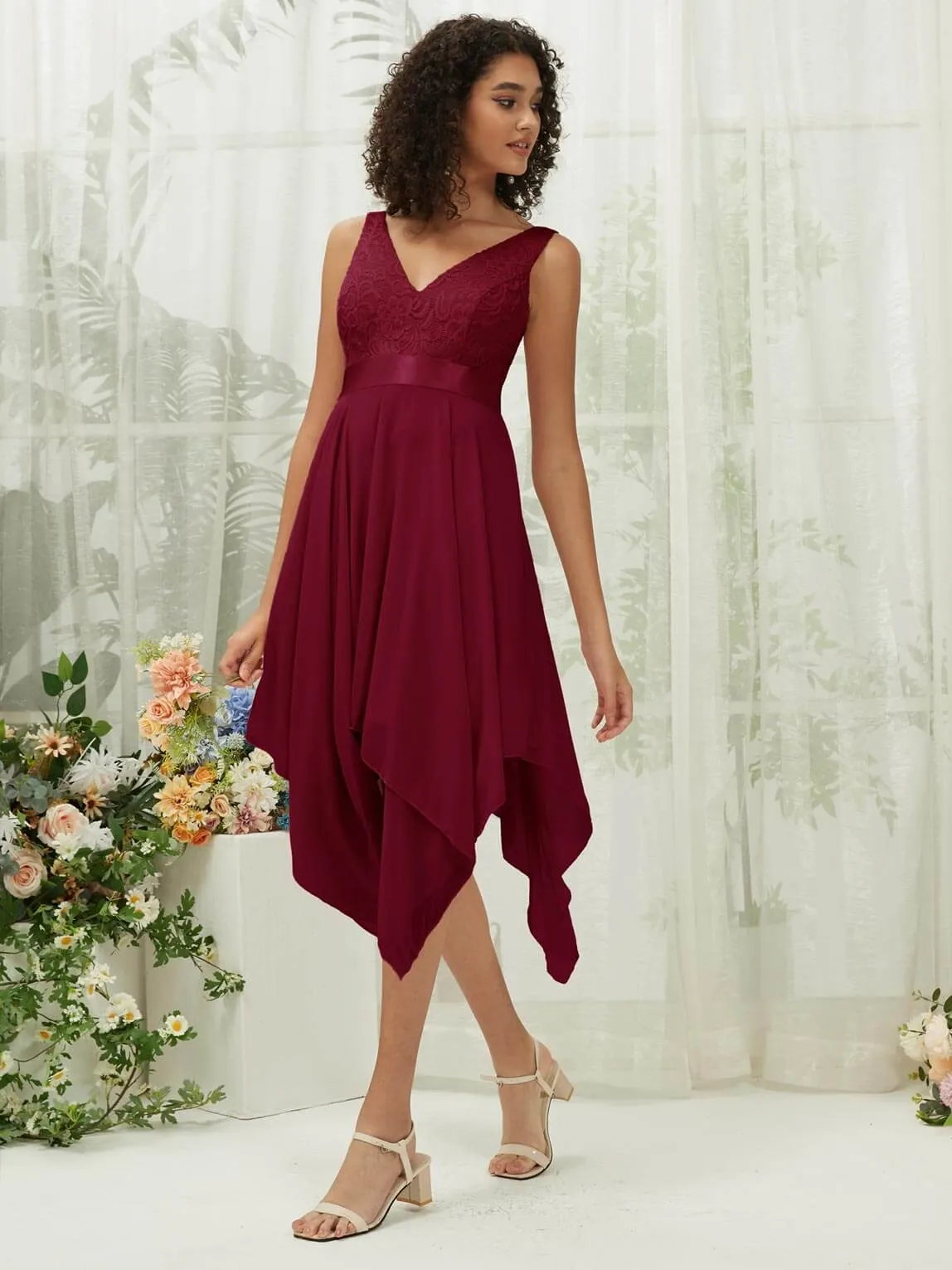 [Final Sale] Burgundy Lace V-Neck Sleeveless Midi Length Chiffon Flowy Bridesmaid Dresses