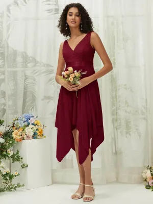 [Final Sale] Burgundy Lace V-Neck Sleeveless Midi Length Chiffon Flowy Bridesmaid Dresses