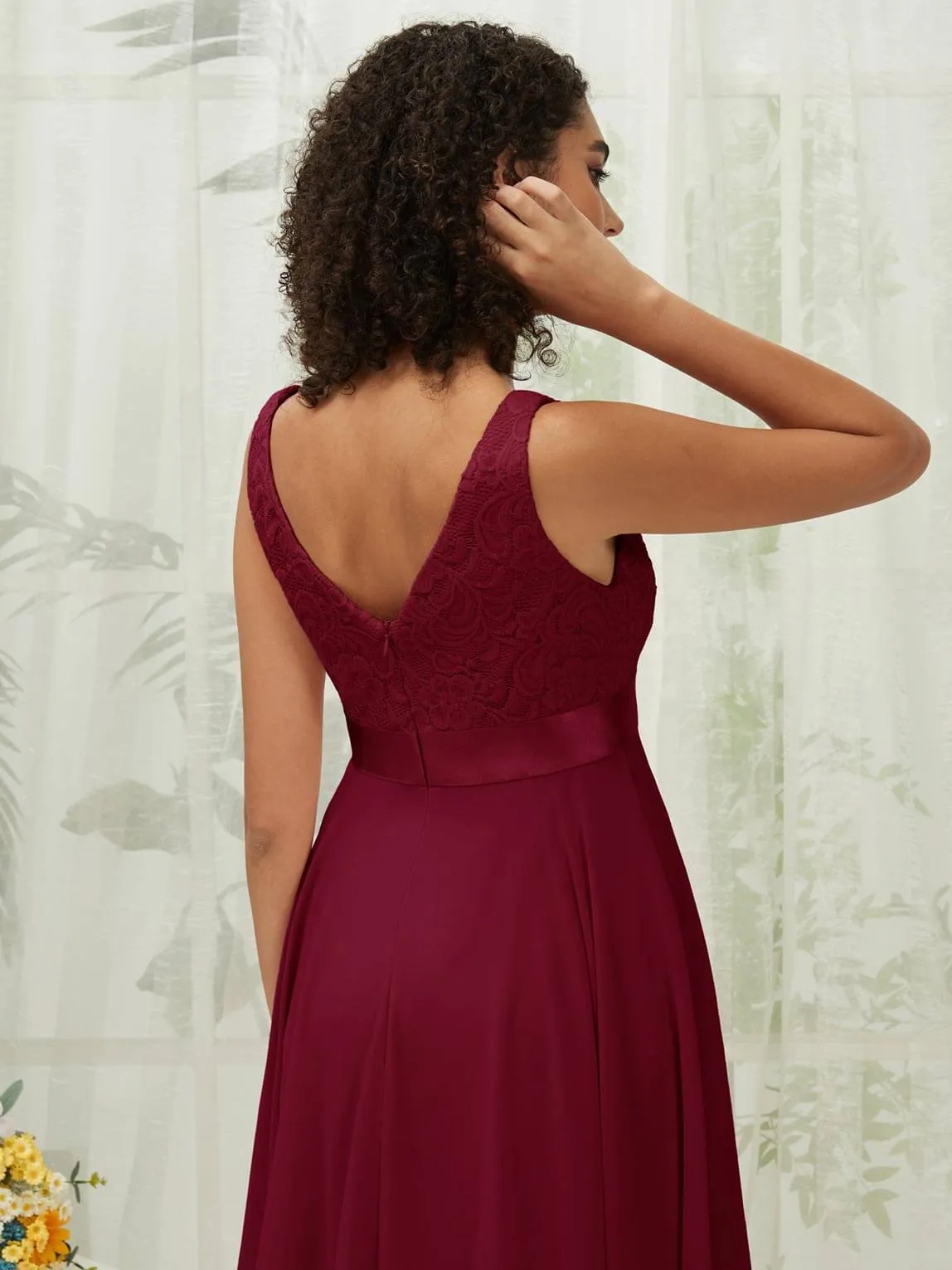 [Final Sale] Burgundy Lace V-Neck Sleeveless Midi Length Chiffon Flowy Bridesmaid Dresses