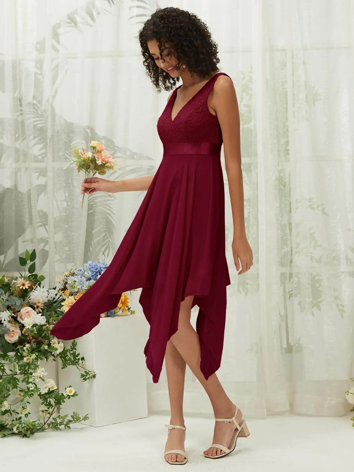 [Final Sale] Burgundy Lace V-Neck Sleeveless Midi Length Chiffon Flowy Bridesmaid Dresses