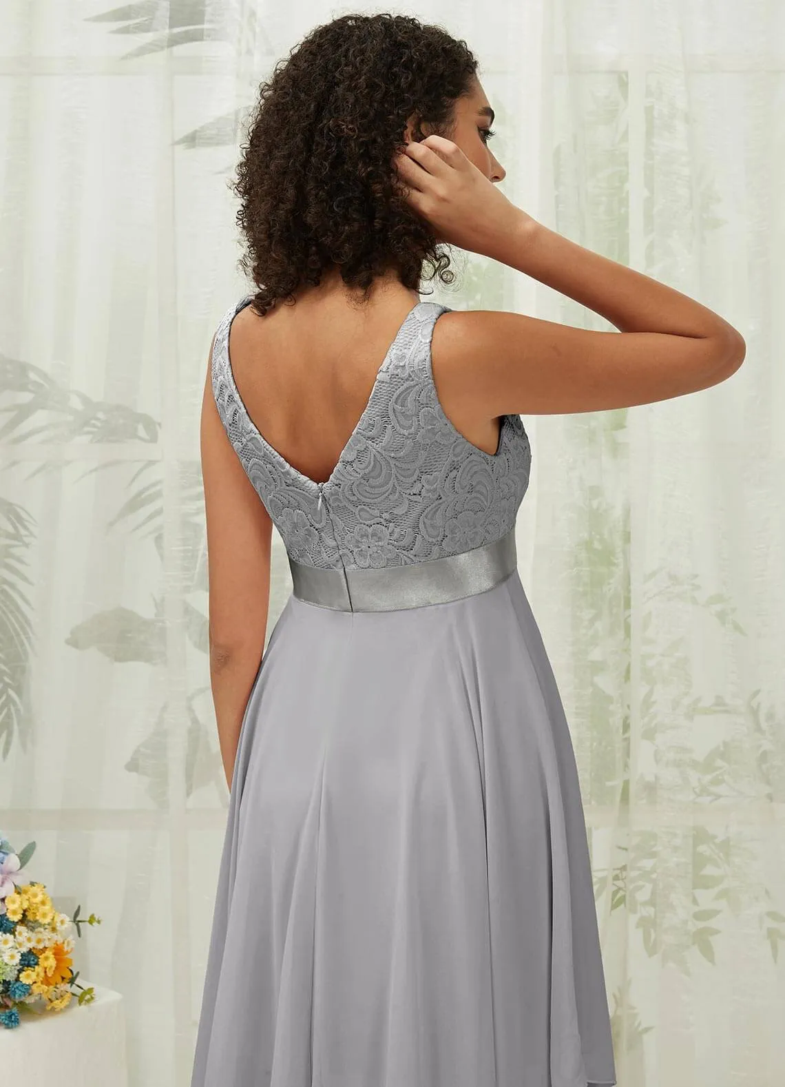 [Final Sale] Dolphin Grey Lace V-Neck Sleeveless Midi Length Chiffon Flowy Bridesmaid Dresses