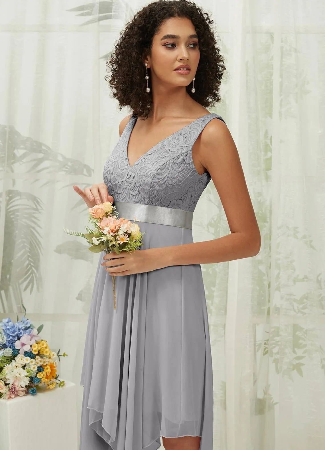 [Final Sale] Dolphin Grey Lace V-Neck Sleeveless Midi Length Chiffon Flowy Bridesmaid Dresses