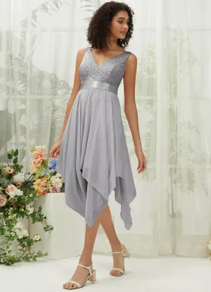 [Final Sale] Dolphin Grey Lace V-Neck Sleeveless Midi Length Chiffon Flowy Bridesmaid Dresses