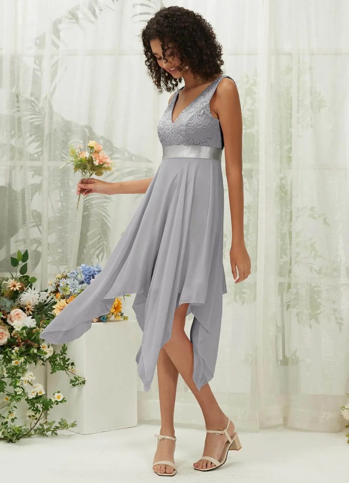 [Final Sale] Dolphin Grey Lace V-Neck Sleeveless Midi Length Chiffon Flowy Bridesmaid Dresses