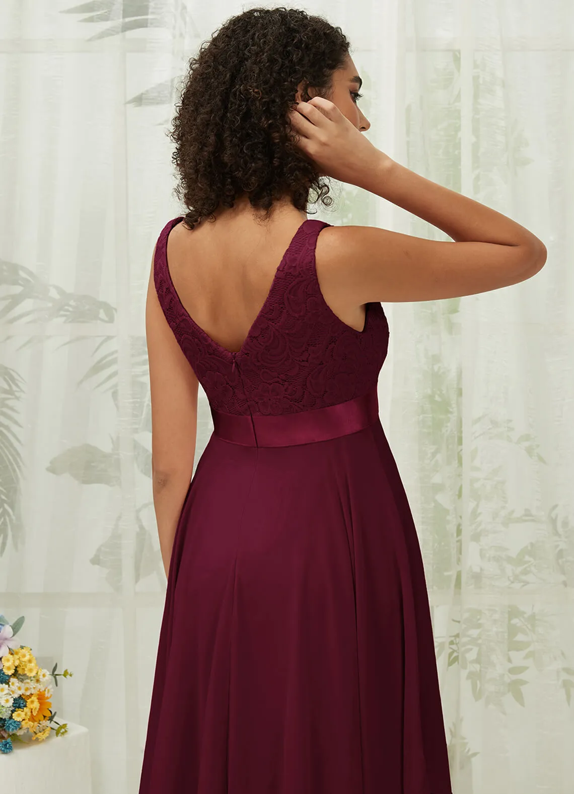 [Final Sale] Sangria Lace V-Neck Sleeveless Midi Length Chiffon Flowy Bridesmaid Dresses