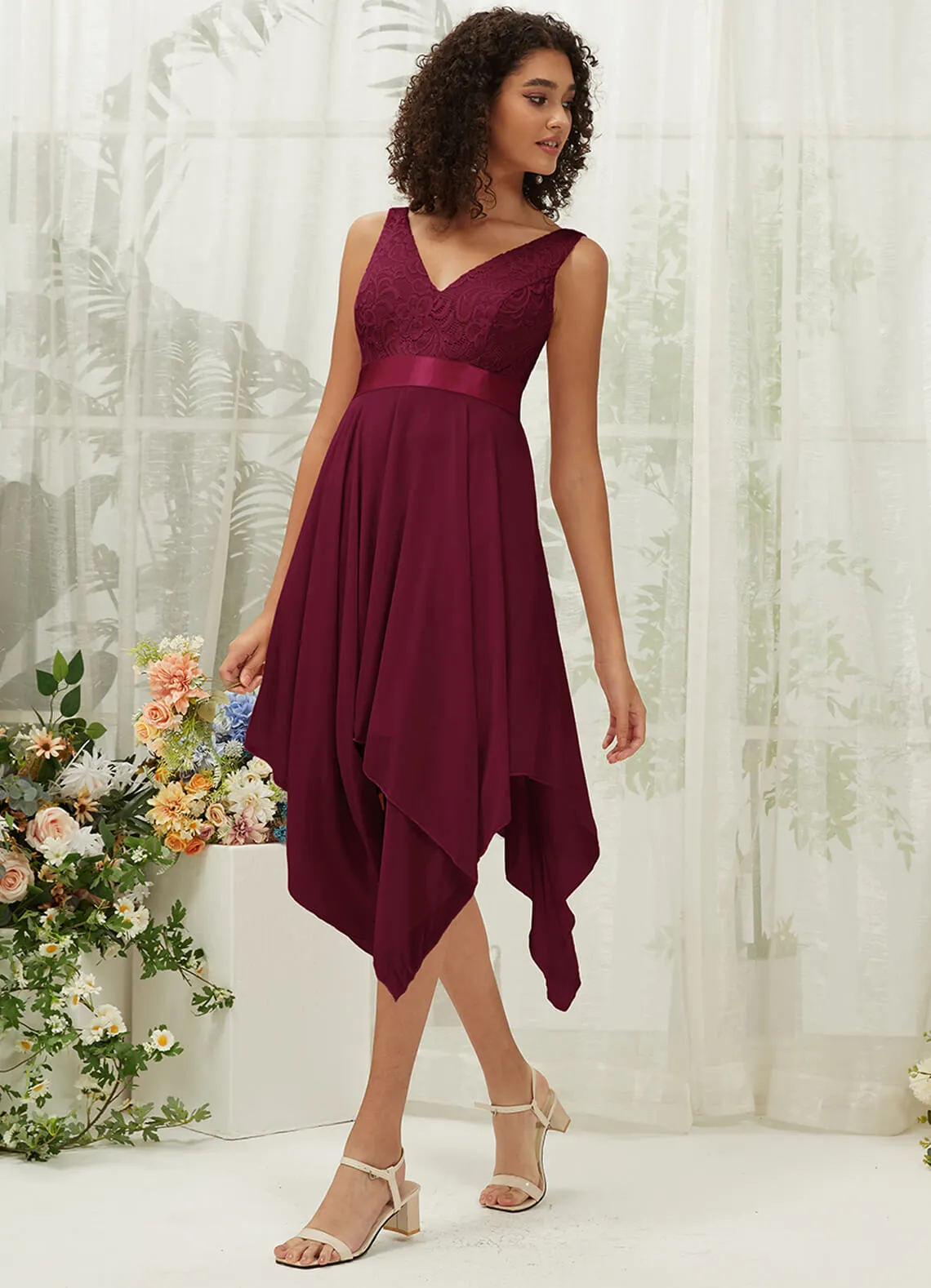[Final Sale] Sangria Lace V-Neck Sleeveless Midi Length Chiffon Flowy Bridesmaid Dresses