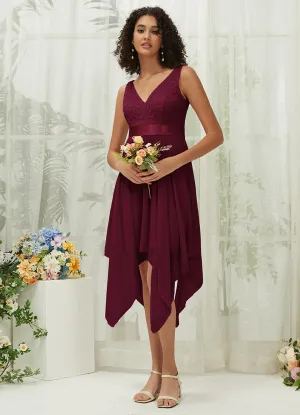 [Final Sale] Sangria Lace V-Neck Sleeveless Midi Length Chiffon Flowy Bridesmaid Dresses